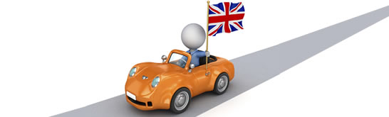 A cartoon expat driver with a UK flag